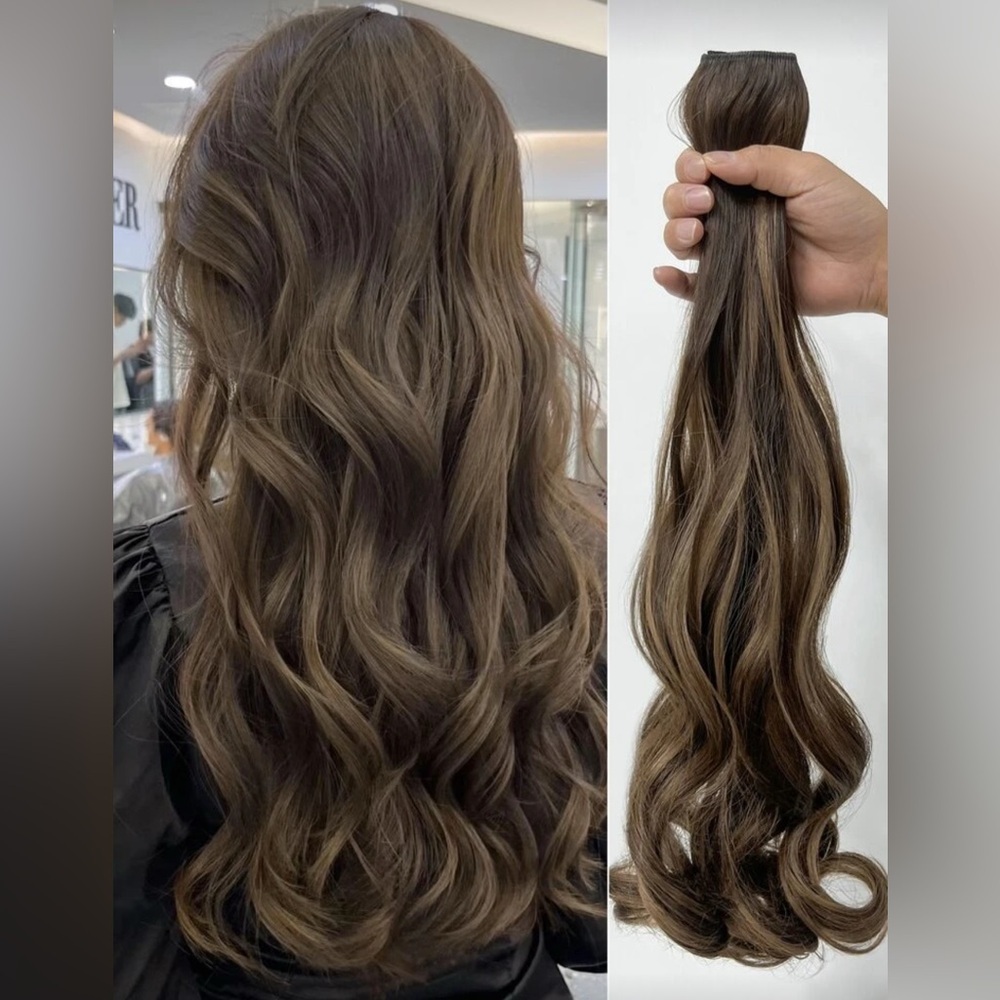 22” Clip-In Hair Extension Brown with Blonde Highlights Wavy | Volume Hairpiece - Picture 3 of 11